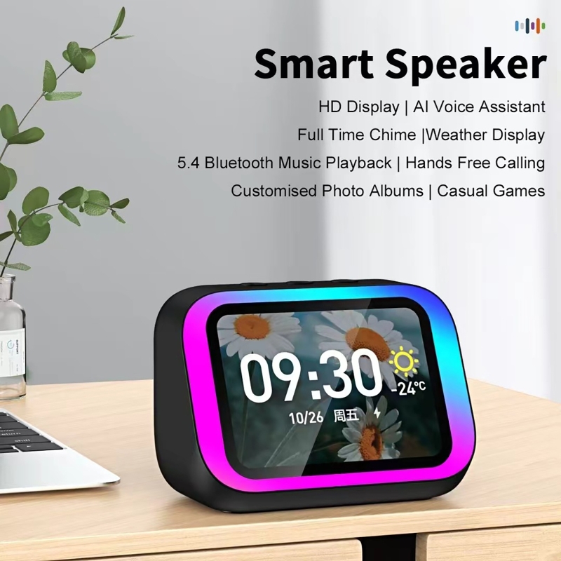 Smart Home Panel - AI音声アシスタント Bluetoothスピーカー RGBカラー照明付き目覚まし時計 LEDスクリーン天気時計表示 電子スピーカー