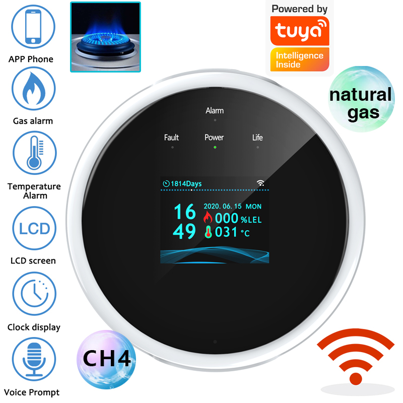 Smart Home Ecosystems - 2.4G WiFi ガス警報センサー可燃性ガス検知器は Tuya/スマートライフアプリと連携し、家庭用警報システム用の情報プッシュ機能を備えています。