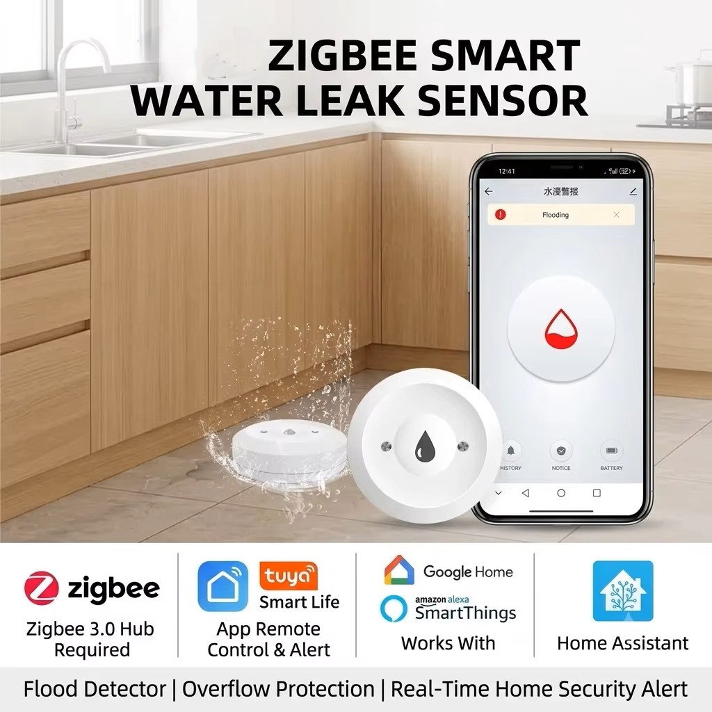 Smart Home Kit - ZigBee 3.0 スマート水漏れセンサー ワイヤレス洪水検知器 水漏れオーバーフロー警報器 セキュリティスマートホーム