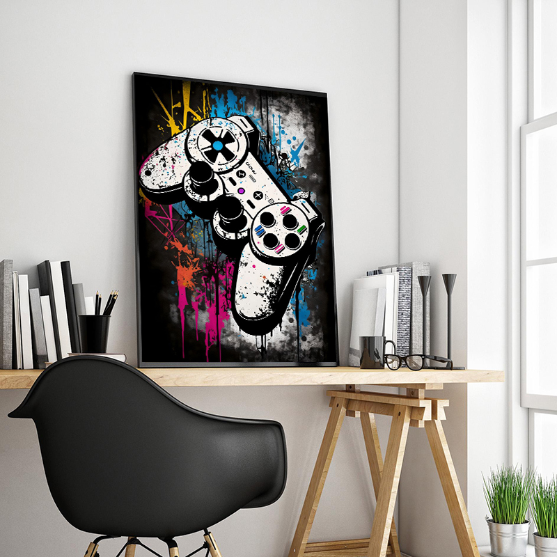 グラフィティカラフルなゲームコントローラーとヘッドフォン付き - Smart Home Poster のレビューと価格